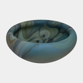 Frederick Warren Studio Art Glass Satin Silver Wavy Green Swirled Bowl