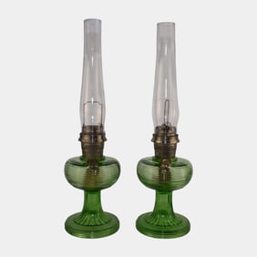 Aladdin 1930s B-81 Art Deco Green Beehive Pattern Glass Oil Lamps