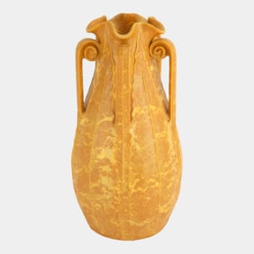 Ephraim Faience 2012 Arts And Crafts Curdled Yellow Glaze Star Fern Tall Vase