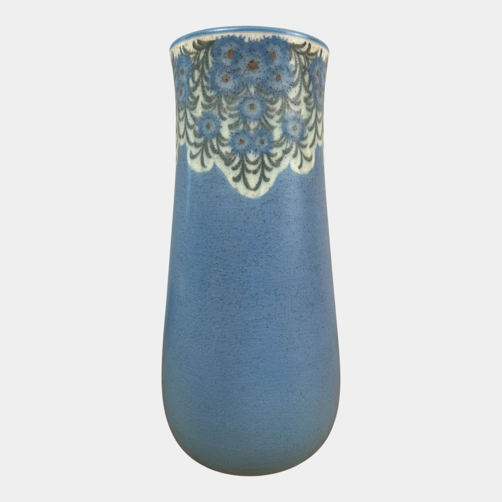 Rookwood 1915 Art Pottery Blue Vellum Glaze Floral Rim Vase 1023C Sara Sax: Rookwood 1915 Art Pottery Blue Vellum Glaze Floral Rim Vase 1023C Sara Sax Delicately hand-decorated Arts and Crafts vase by Sara Sax, featuring cascading blue floral motifs over a soft matte blue gla