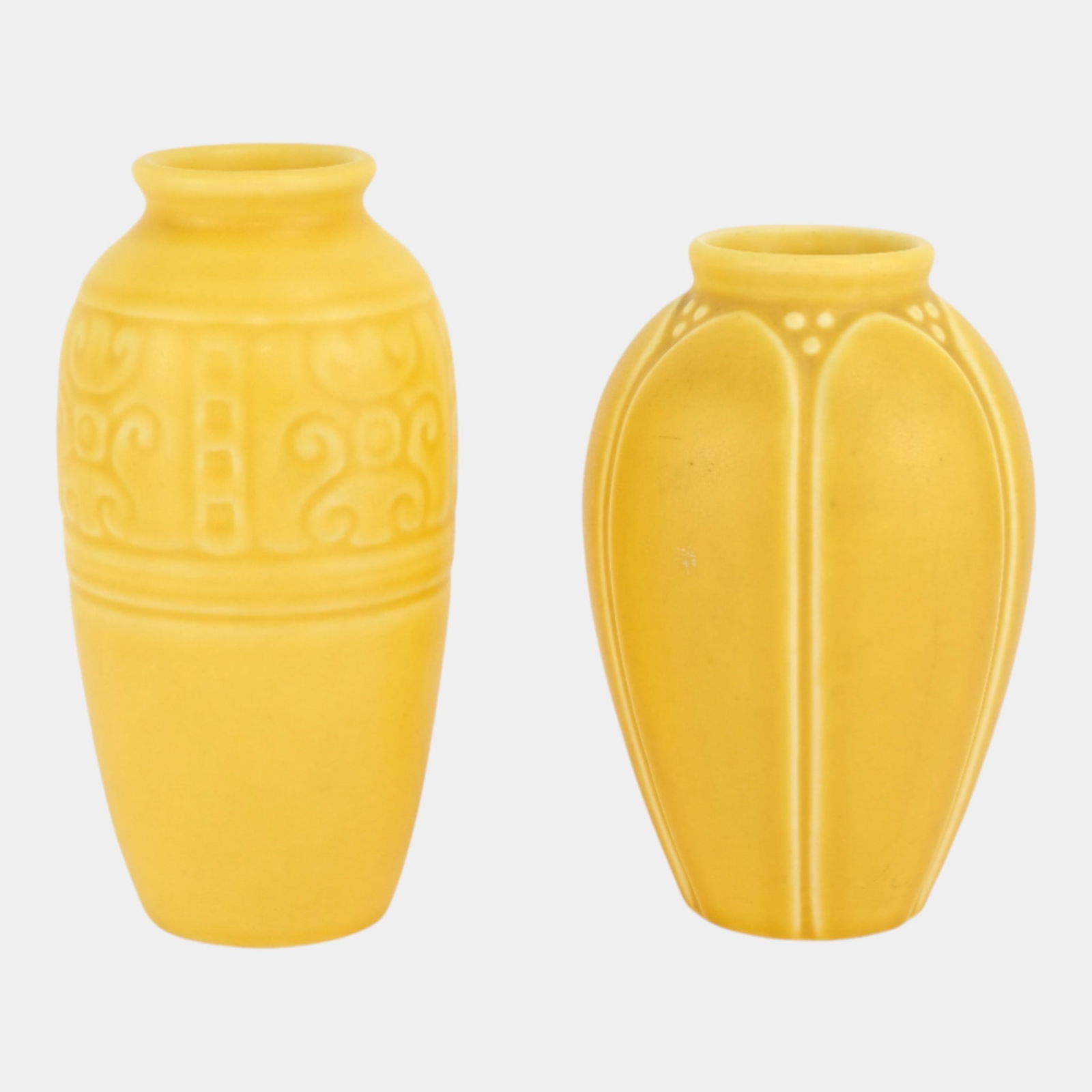 Rookwood Pottery Yellow Art Deco Vases Shapes 2888 2088: Rookwood Pottery Yellow Art Deco Vases Shapes 2888 2088 Warm and elegant, this Arts and Crafts pair features vibrant matte yellow glazes with geometric and stylized leaf relief designs, exemplifying R