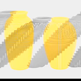 Rookwood Pottery Yellow Art Deco Vases Shapes 2888 2088: Rookwood Pottery Yellow Art Deco Vases Shapes 2888 2088 Warm and elegant, this Arts and Crafts pair features vibrant matte yellow glazes with geometric and stylized leaf relief designs, exemplifying R