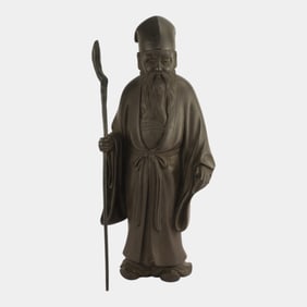 Japanese Early 20th Century Bronze Jurojin Holding Staff 15" Tall Figural Statue