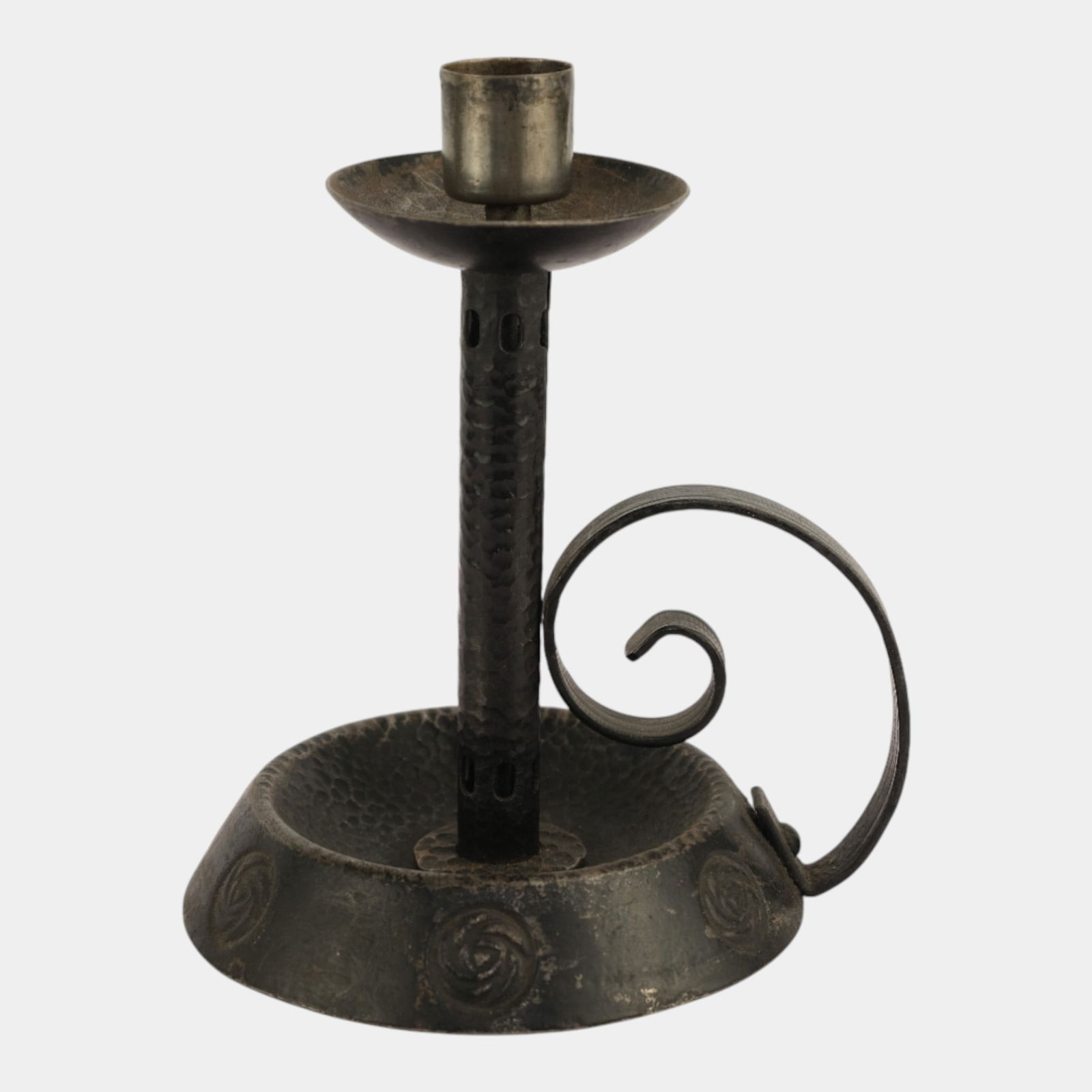 Hugo Berger Goberg Germany Arts And Crafts Patinated Copper Chamber Stick: Hugo Berger Goberg Germany Arts And Crafts Patinated Copper Chamber Stick Hand-forged Goberg candlestick featuring a hammered iron body with decorative scroll handle and applied rosette motifs around