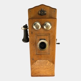 Leich Electric Co. 1900s Antique Hand Crank Oak Case Wall Telephone