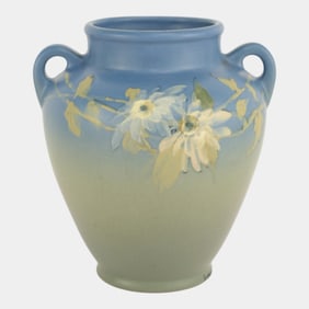 Weller Hudson 1920s Vintage Art Pottery Hand Painted Floral Blue Ceramic Vase