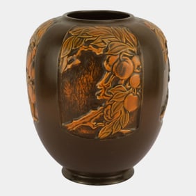 Roseville Pottery Rosecraft Arts And Crafts Brown Orange Panel Vase 293-8