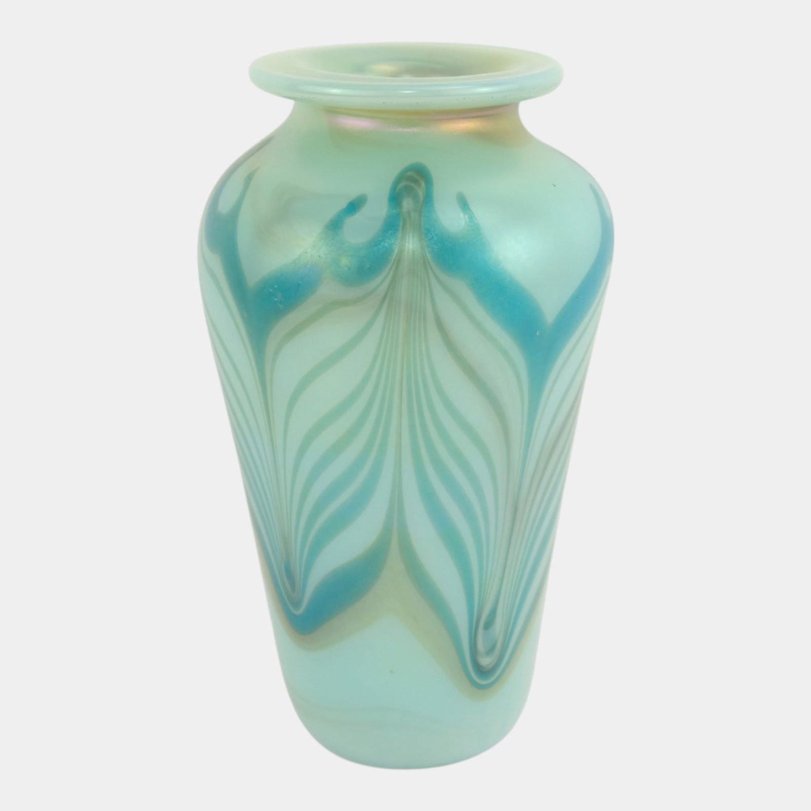 Grant Studio Art Glass Blue Green Iridescent Pulled Feather Vase (1 of 3)