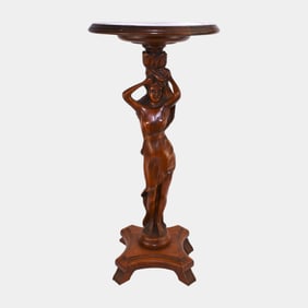 Art Nouveau Wood Carved Figural Lady Pedestal Table Plant Stand
