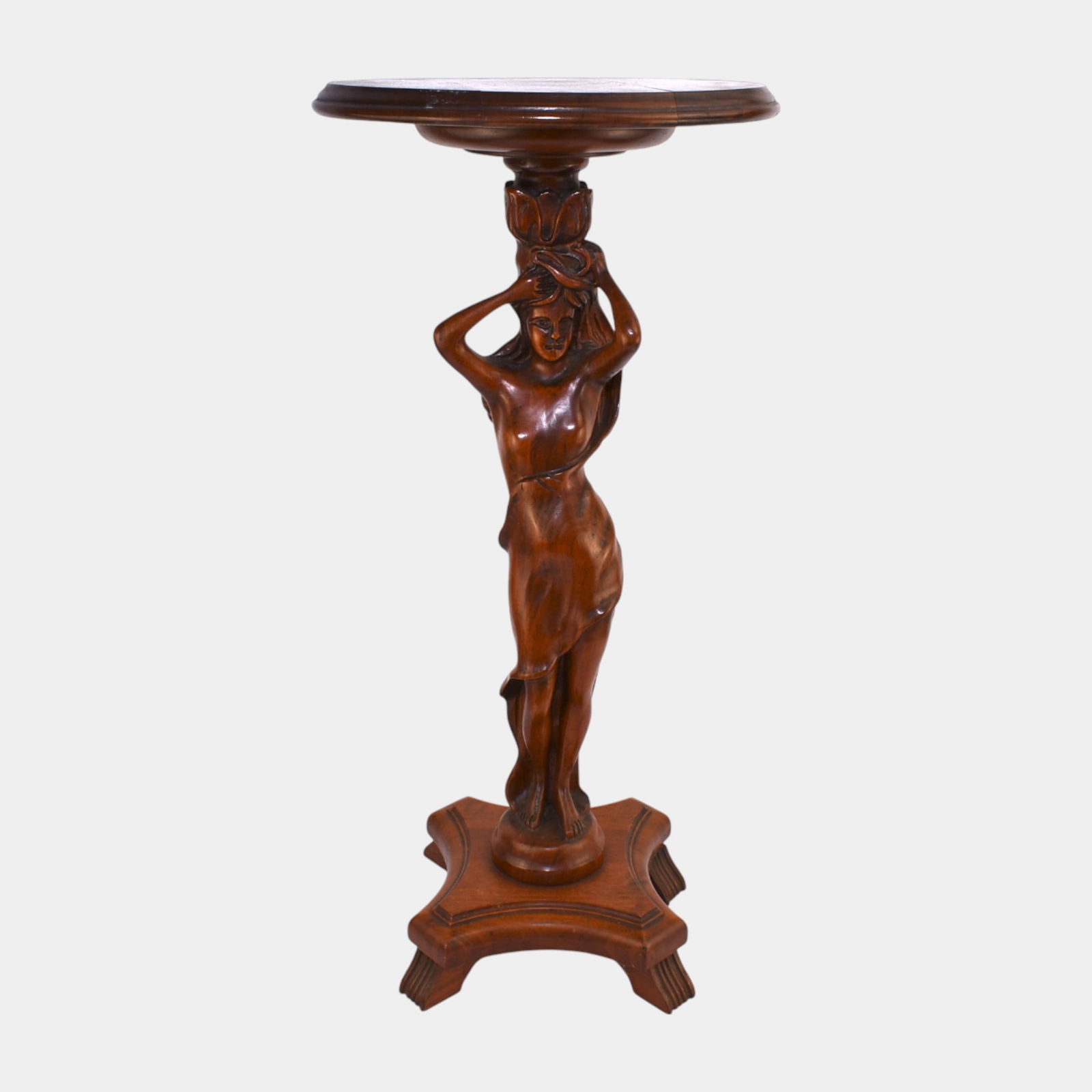 Art Nouveau Wood Carved Figural Lady Pedestal Table Plant Stand (1 of 4)