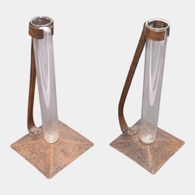 Roycroft Hammer Copper Frame Arts And Crafts Glass Tube Bud Vases