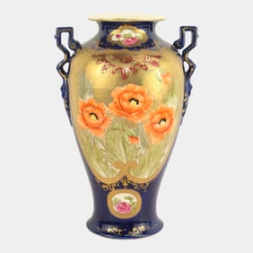 Royal Nippon Japanese Cobalt Blue Gold Double Handle Orange Poppy Flower Vase