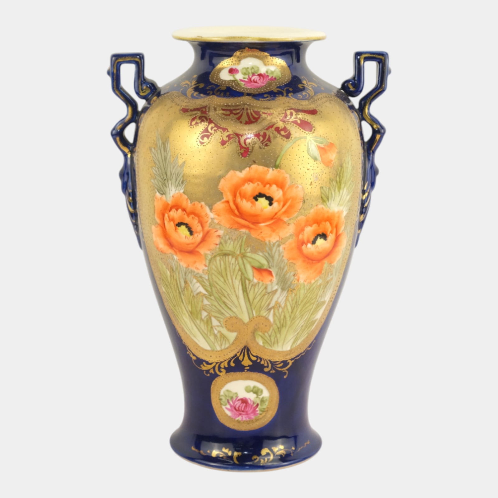 Royal Nippon Japanese Cobalt Blue Gold Double Handle Orange Poppy Flower Vase (1 of 3)