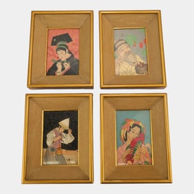 Paul Jacoulet (French 1896-1960) Four Miniature Japanese Framed Woodblock Prints