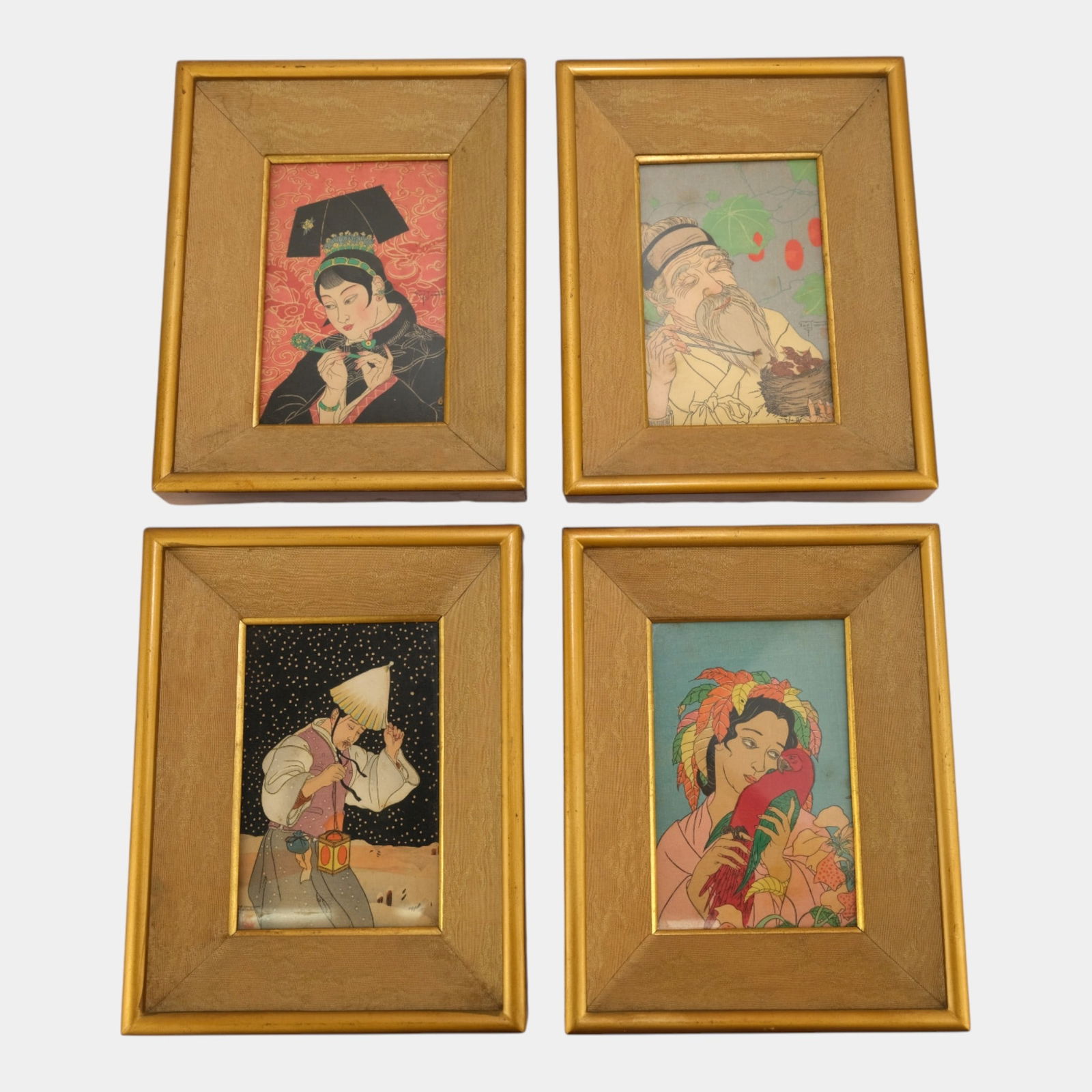 Paul Jacoulet (French 1896-1960) Four Miniature Japanese Framed Woodblock Prints (1 of 3)