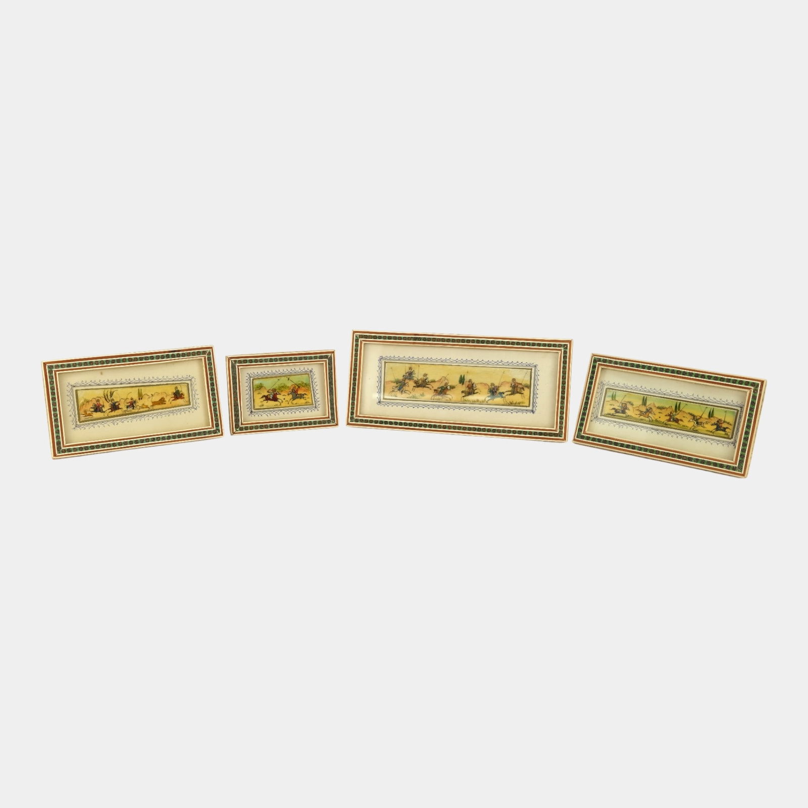 Vintage Persian Warrior Scenes Painted On Bone With Inlaid Wood Frames: Vintage Persian Warrior Scenes Painted On Bone With Inlaid Wood Frames Exquisite hand-painted Persian scenes on bone panels, each framed and featuring intricate miniature depictions of riders, wildlif