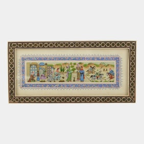 Vintage Persian Village Scene Painted On Bone With Inlaid Wood Frame