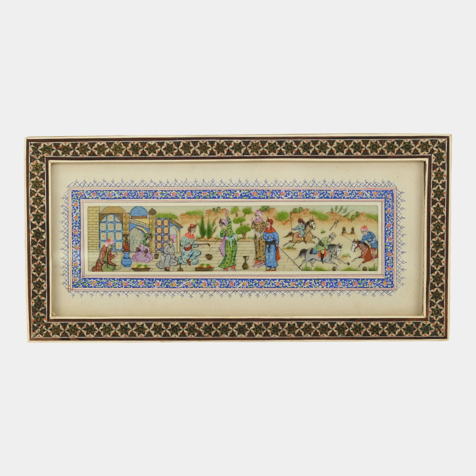 Vintage Persian Village Scene Painted On Bone With Inlaid Wood Frame: Vintage Persian Village Scene Painted On Bone With Inlaid Wood Frame Excellent condition. Age related wear.5 1/2" tall and 11 1/2" wide.
