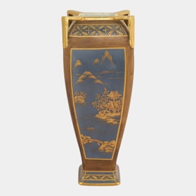 Morimura Brothers Japan Gold Blue Art Deco Paneled Four Handled Porcelain Vase
