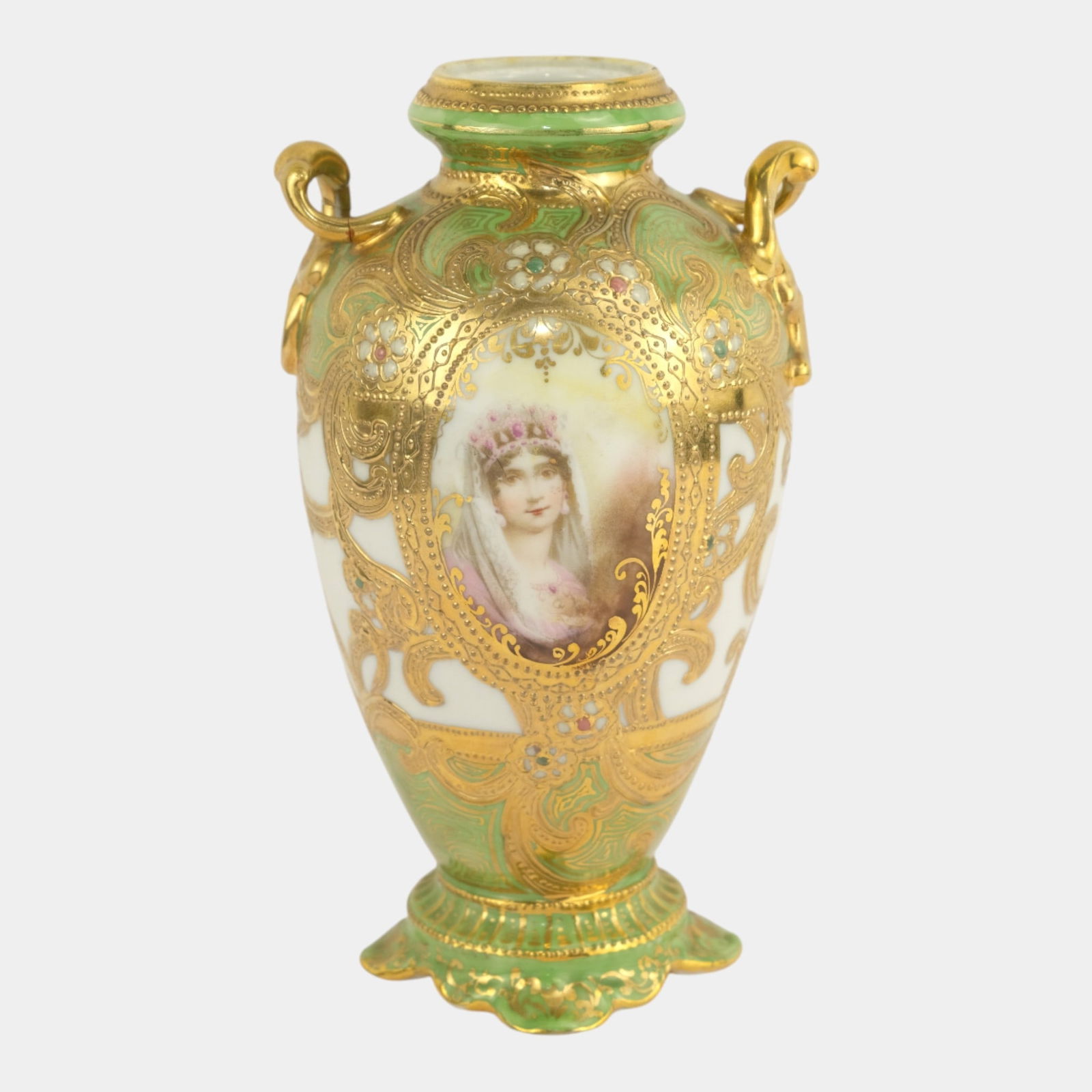 Nippon Japanese Porcelain Double Handled Golden Gilt Moriage Portrait Vase (1 of 3)