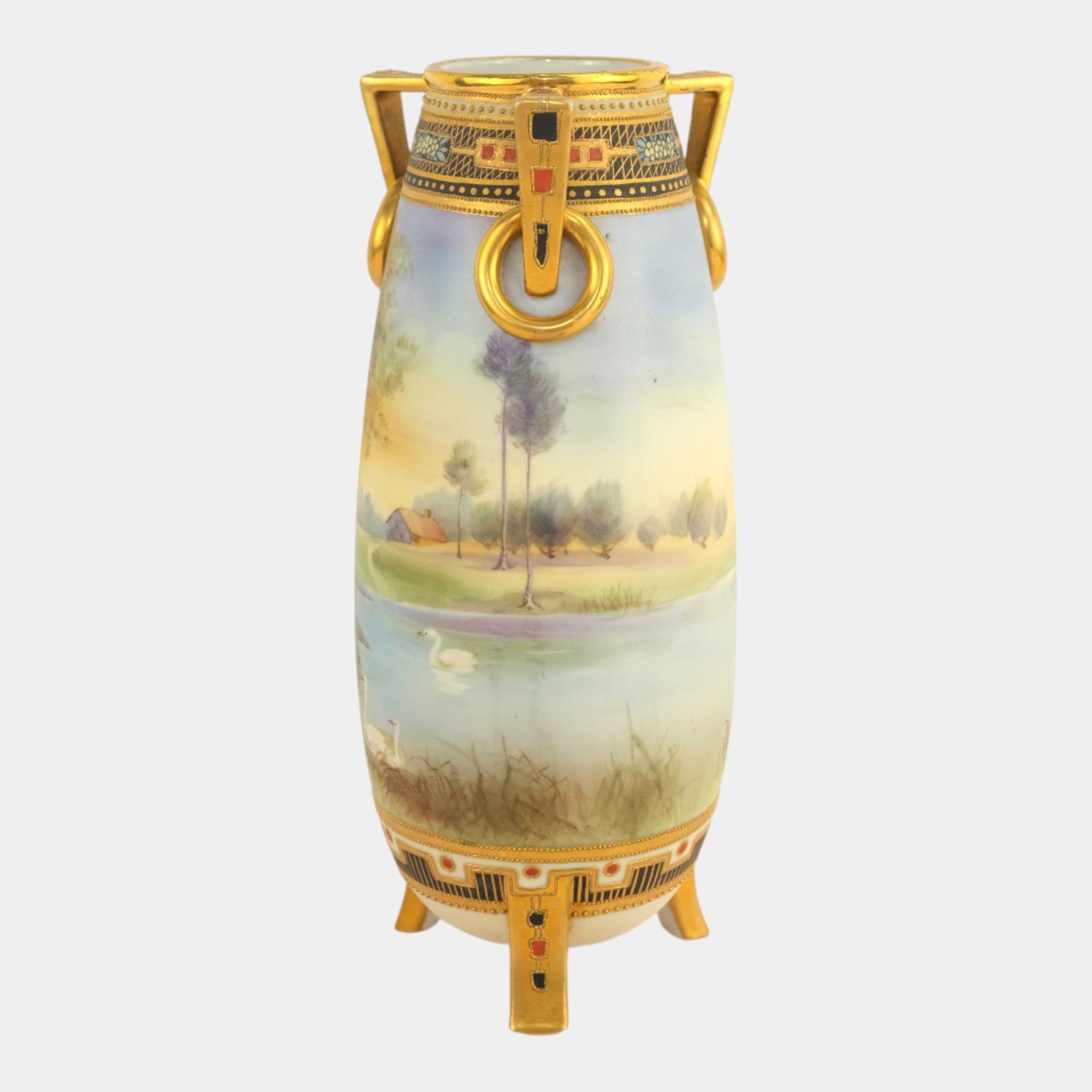 Nippon Japanese Porcelain Geometric Bordered Hand Painted Scenic Landscape Vase (1 of 3)