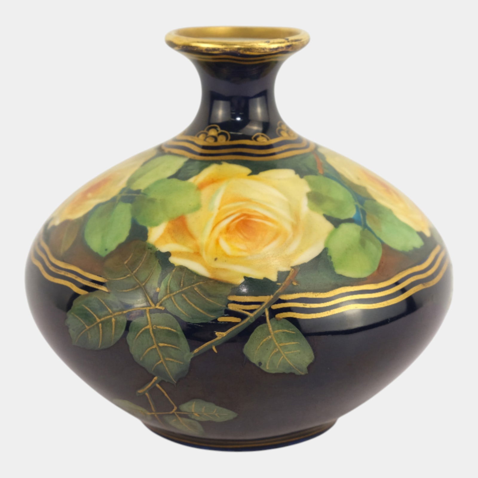 Ernest Wahliss Vienna Austria Yellow Rose Hand Painted Cobalt Blue Vase (1 of 3)
