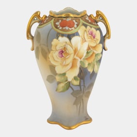 Morimura Brothers Nippon Hand Painted Roses Gold Gilt Accents Handled Vase
