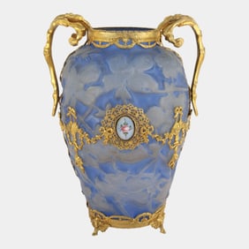 Phoenix Blue Floral Cameo Art Glass Vase With Gold Gilt Handles And Mounts