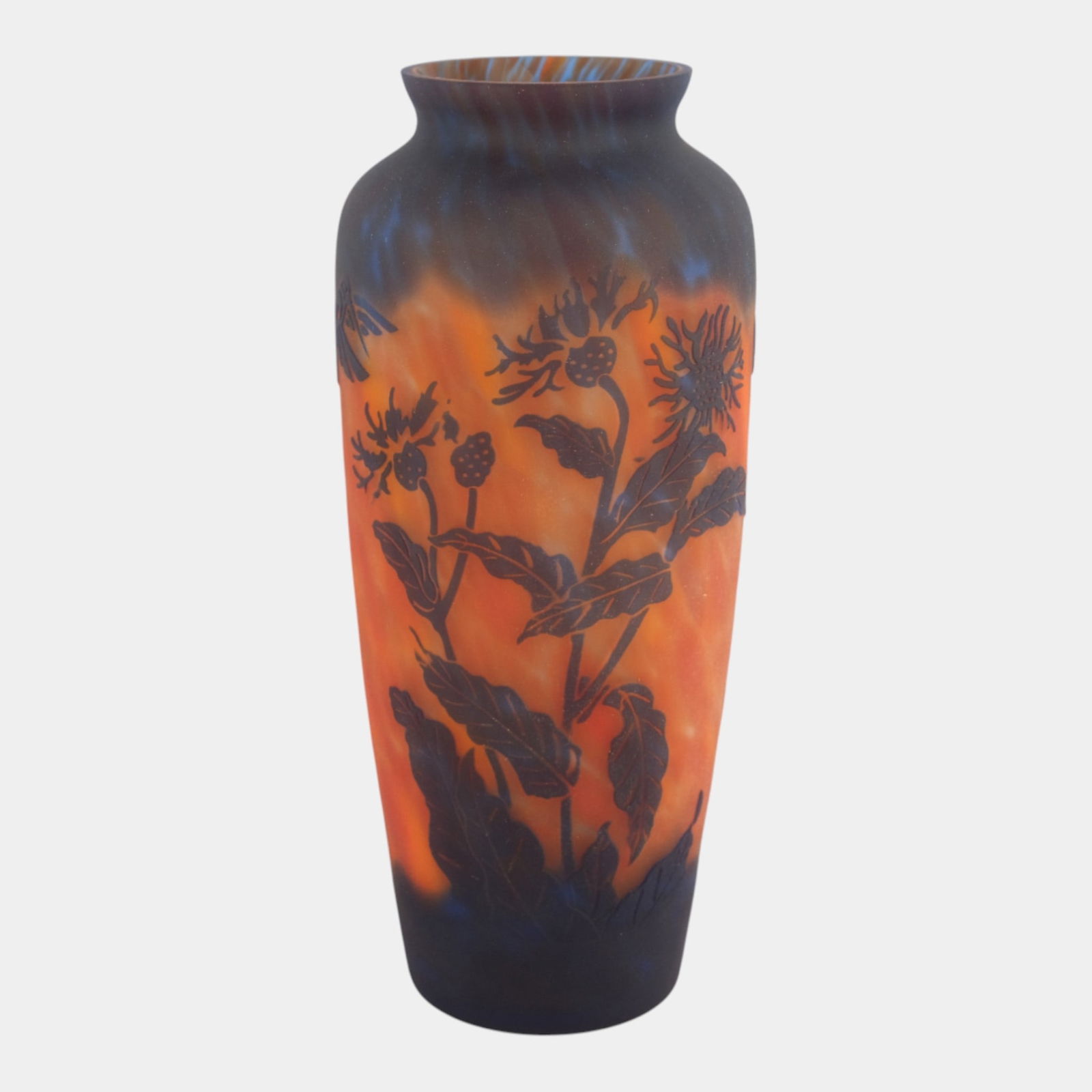 Vintage Blue Orange Floral Hummingbird Cut Cameo Art Glass Tall Vase (1 of 3)