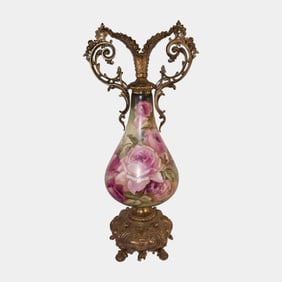 European Art Nouveau Gold Gilt Mounted Hand Painted Pink Rose Handled Ewer