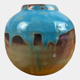 Pewabic Detroit 1920s Art Pottery Blue Drip Over Iridescent Glaze Cabinet Vase