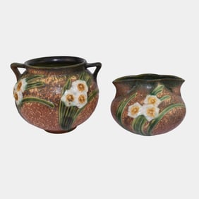 Roseville Jonquil Brown 1931 Art Pottery Handled Vase 542-5 And Crocus Pot 93-4