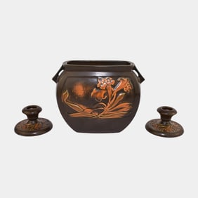 Roseville Rosecraft Panel Brown Vintage Art Pottery Pillow Vase Candleholders