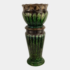 Weller Blended Majolica 1900s Art Pottery Brown Green Jardiniere Pedestal