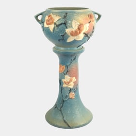 Roseville Magnolia 1943 Vintage Art Pottery Blue Jardiniere And Pedestal 665-8