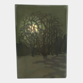 Arts & Crafts Style Atmospheric Dark Green Scenic Moonlit Trees Tile Plaque