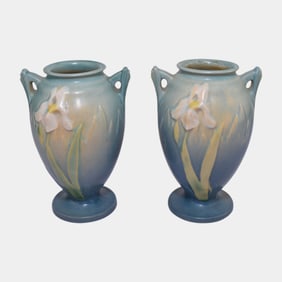 Roseville Iris Blue 1939 Vintage Art Deco Pottery Ceramic Vases