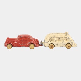 Tommy Toy 1930s Slush Red Sedan And White Tourist Trailer