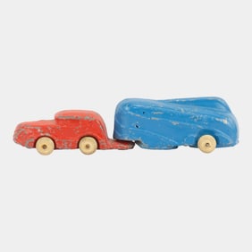 Barclay Toy USA 1930s Slush Art Deco Streamlined Red Truck And Blue Trailer
