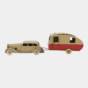 Tri-Ang Minic Toys England Tinplate Tan Car And Two-Tone Caravan Trailer