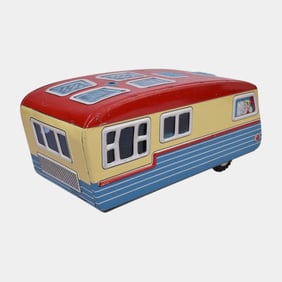 Haji Japan 1950s Tin Litho Red Blue Yellow Toy Travel Trailer