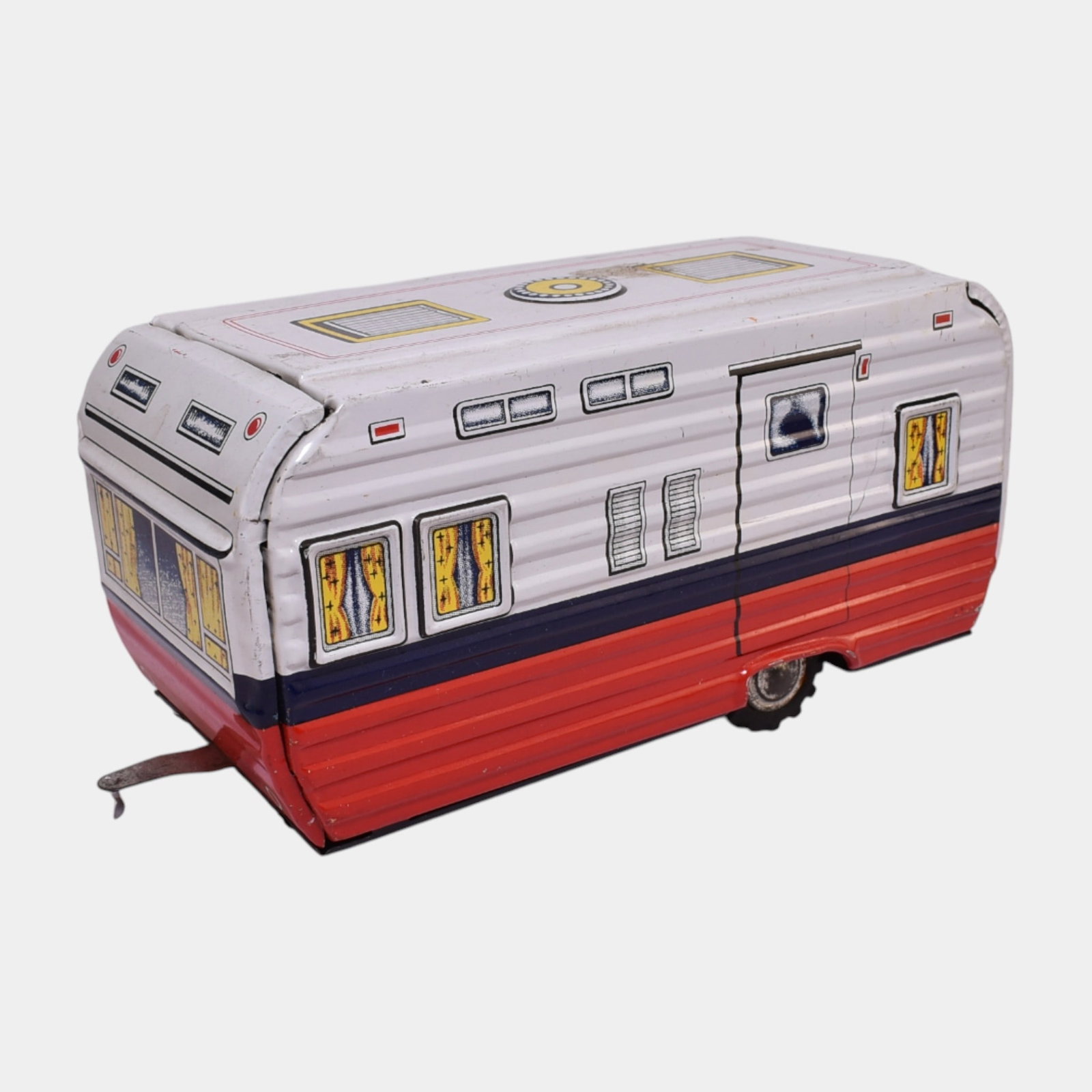 Modern Toys Japan MT Toys 1950s Tin Litho Camper Trailer: Modern Toys Japan MT Toys 1950s Tin Litho Camper Trailer Charming vintage Japanese MT Toys tin lithograph travel trailer featuring red, white, and blue enamel with detailed printed windows and curtain