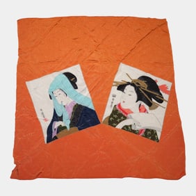 Japanese 1960s Yamato-e Style Female Portraits Silk Scarf With Original Box