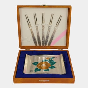 Japanese Stainless Steel Decorated Dessert Plates And Utensils With Original Box