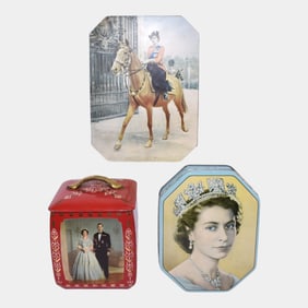 Queen Elizabeth Coronation Red Toffee Tin, Horseback Biscuit Tin, & Souvenir Tin