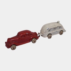 Tommy Toy USA Slush Cast Red Tourist Car and White Trailer