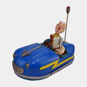ALPS Japan 1960s Tin Litho Battery Operated Blue Toy Bumper Car With Clown