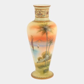Morimura Brothers Japanese Porcelain Hand Gold Gilt Scenic Palm Trees Vase