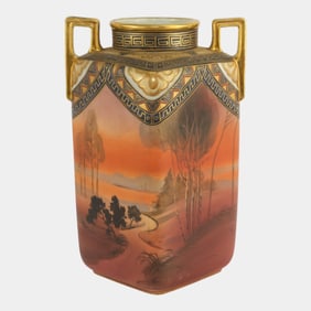 Morimura Brother Japanese Porcelain Hand Painted Gold Gilt Scenic Square Vase