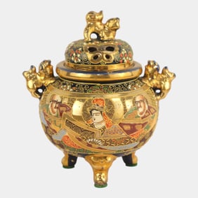 Kutani Region Japanese Mid Century Satsuma Moriage Handled Incense Burner